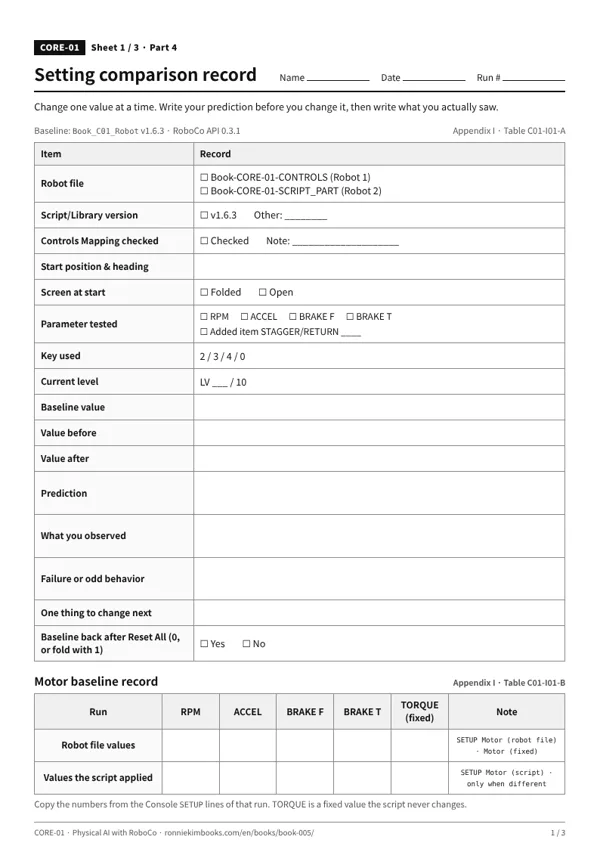 Sheet 1 preview: setting comparison and motor baseline tables